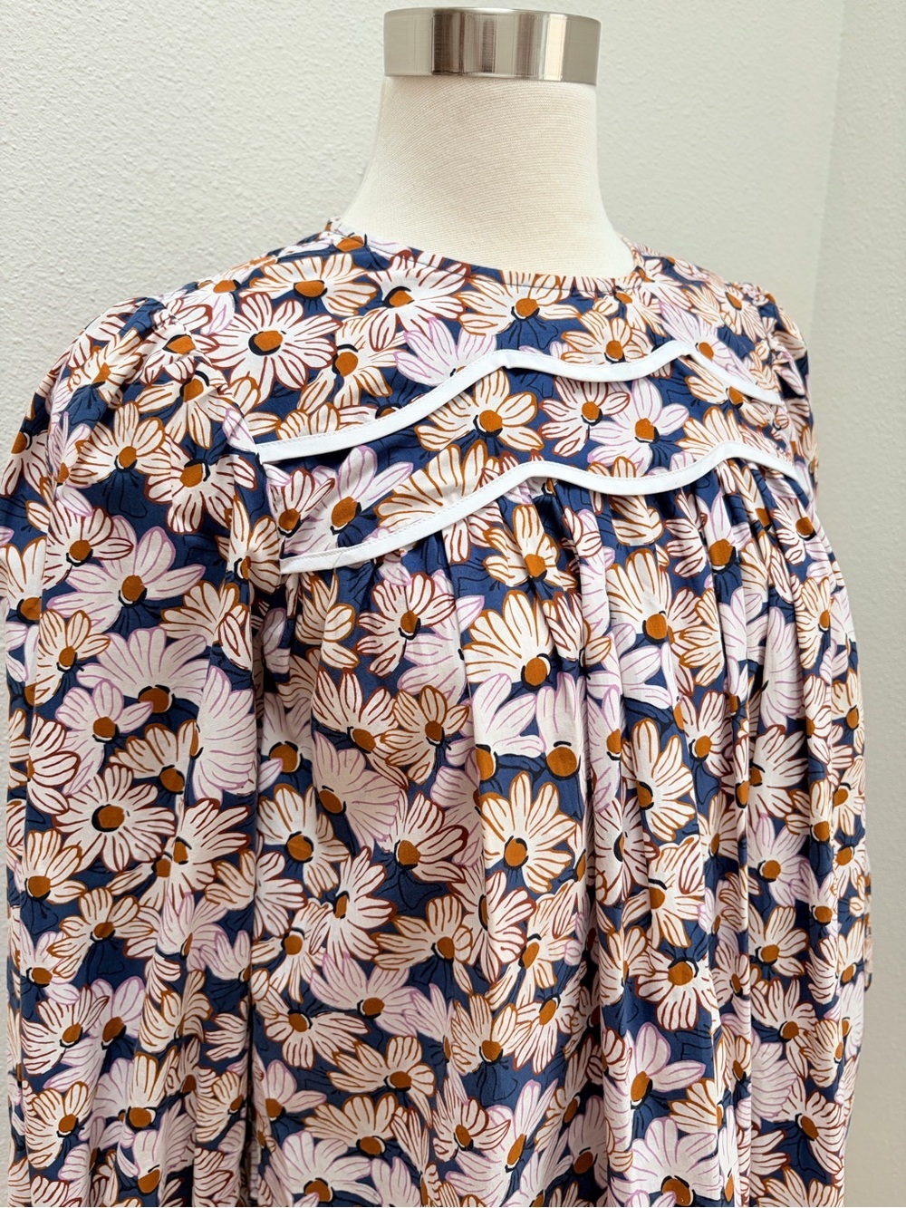 Batsheva Floral Daisy Dress Poplin Long Sleeve Mini Esme Cotton Blue Pink Size 2 - Picture 4 of 10